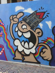 844170 Afbeelding van graffiti met een Utrechtse kabouter (KBTR) op de bouwschutting naast het voormalige ...